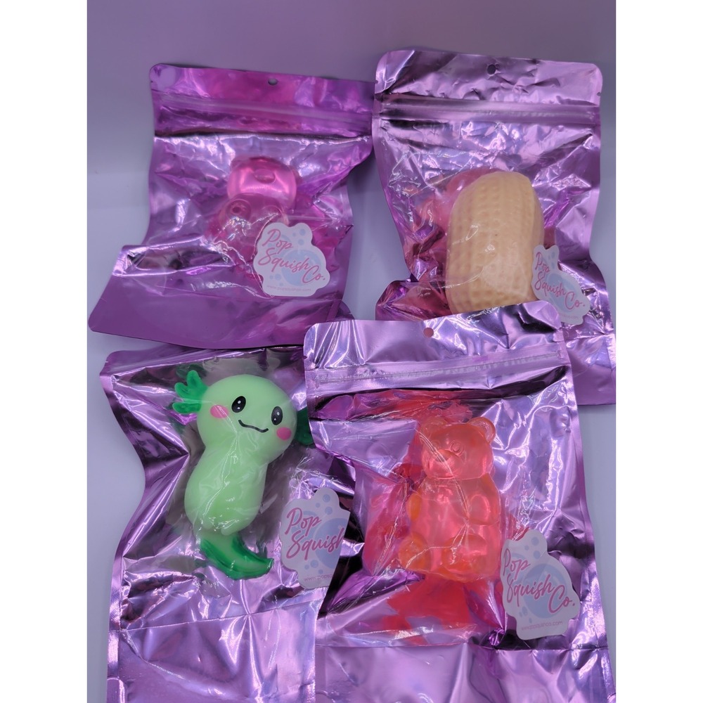 Pop Squish Co Lot Of 4 Squishy Gel Squeeze Toys Stress Relief
